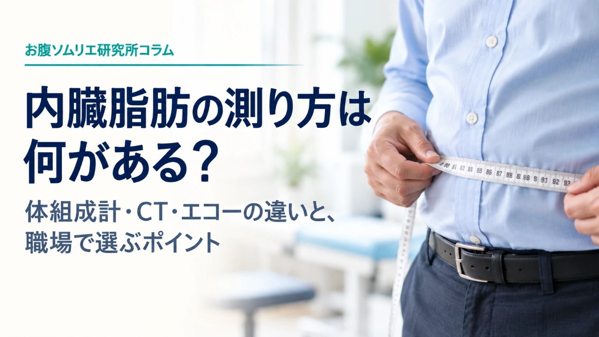 メジャーでお腹まわりを測る男性と、記事タイトル「内臓脂肪の測り方は何がある？体組成計・CT・エコーの違いと、職場で選ぶポイント」